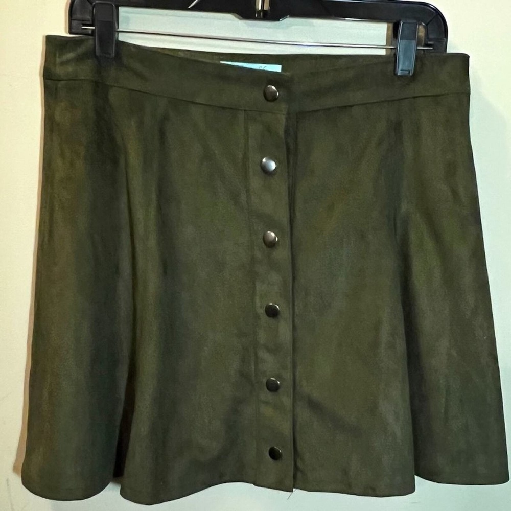 Women's Olive Green Button Up Swing Faux Suede‎ Fall Skirt Large